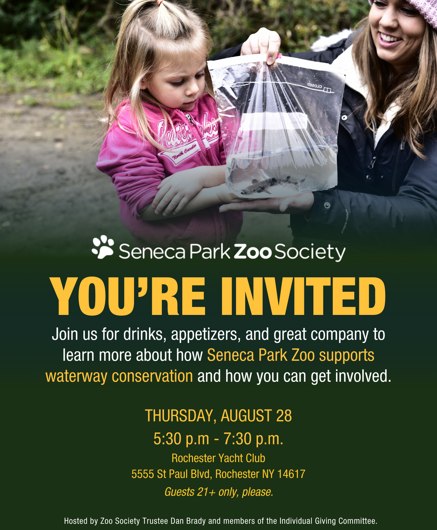 Advertisement for Seneca Park Zoo Society event with a woman and child holding a clear bag.